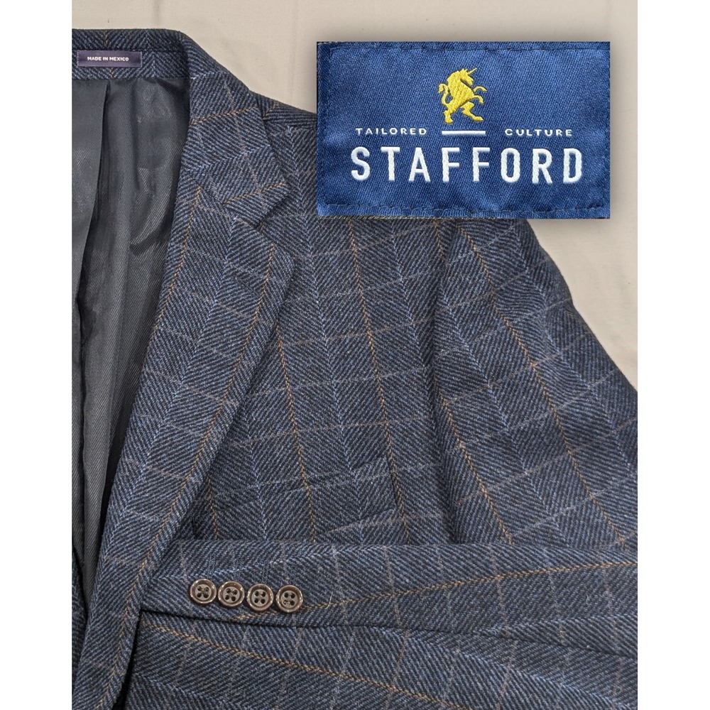 Stafford Blazer Sport Coat Suit Jacket Heavy Blue Wool Graph Check 48R 50" Chest